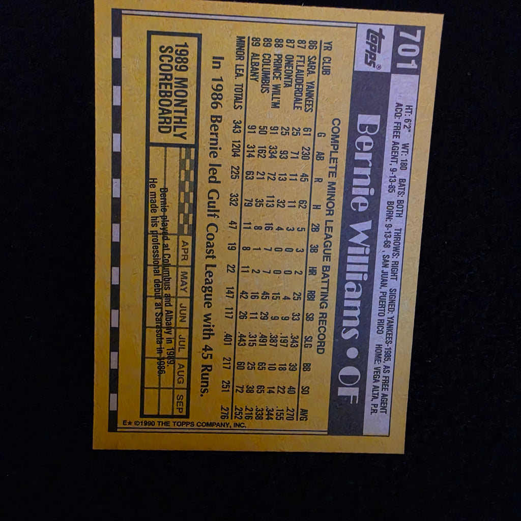 Topps 1990 Bernie Williams Rookie New York Yankees Baseball Card #701