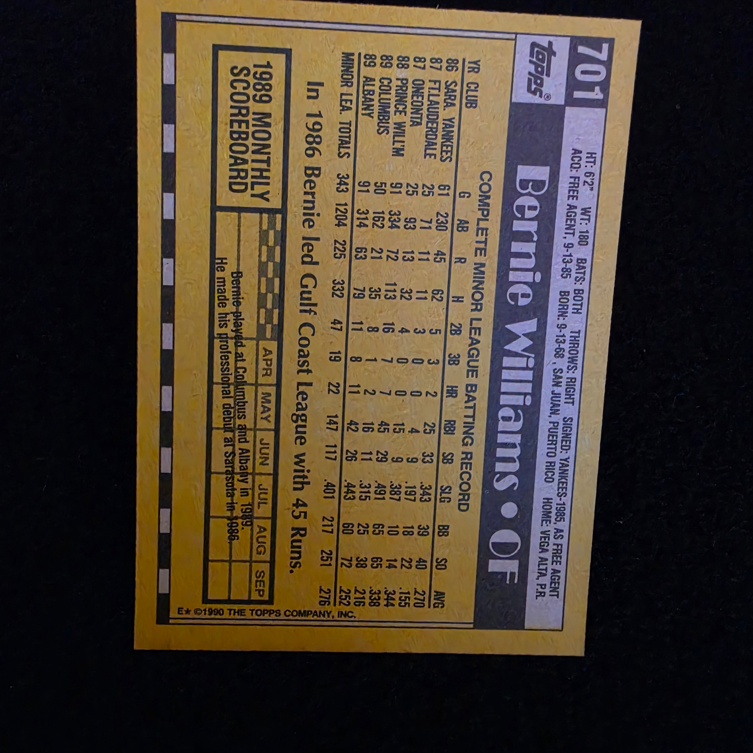 Topps 1990 Bernie Williams Rookie New York Yankees Baseball Card #701