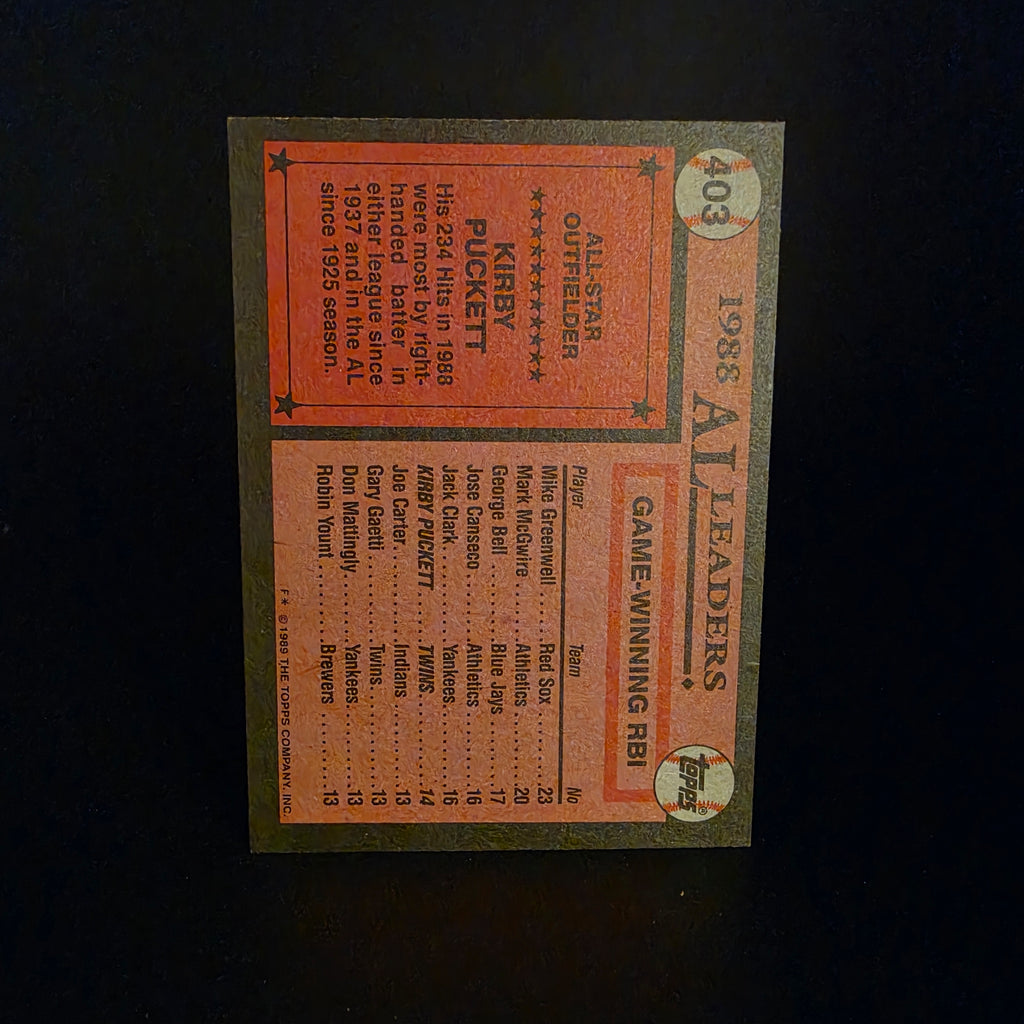 KIRBY PUCKETT MINNESOTA TWINS 1989 TOPPS ALL STAR # 403