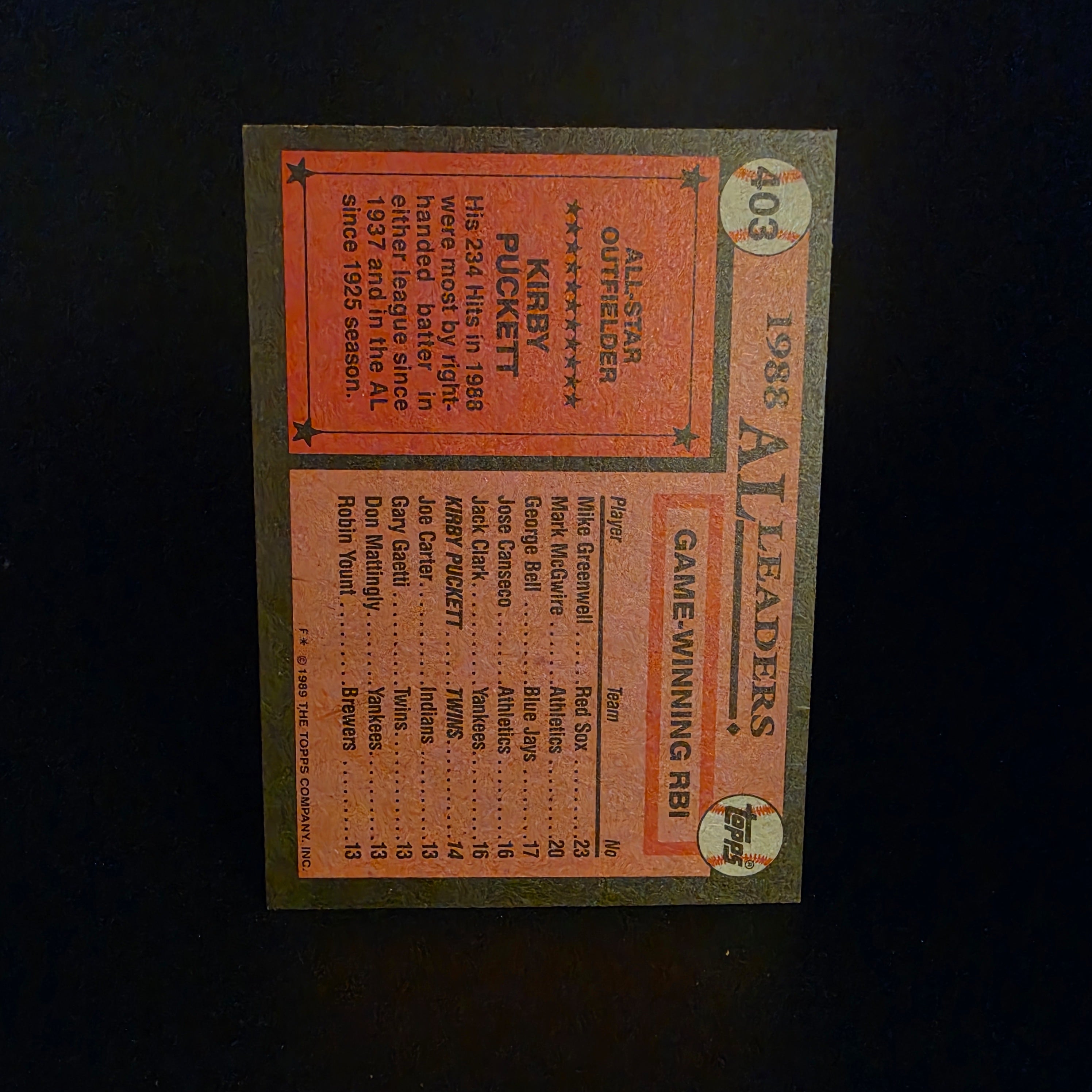 KIRBY PUCKETT MINNESOTA TWINS 1989 TOPPS ALL STAR # 403