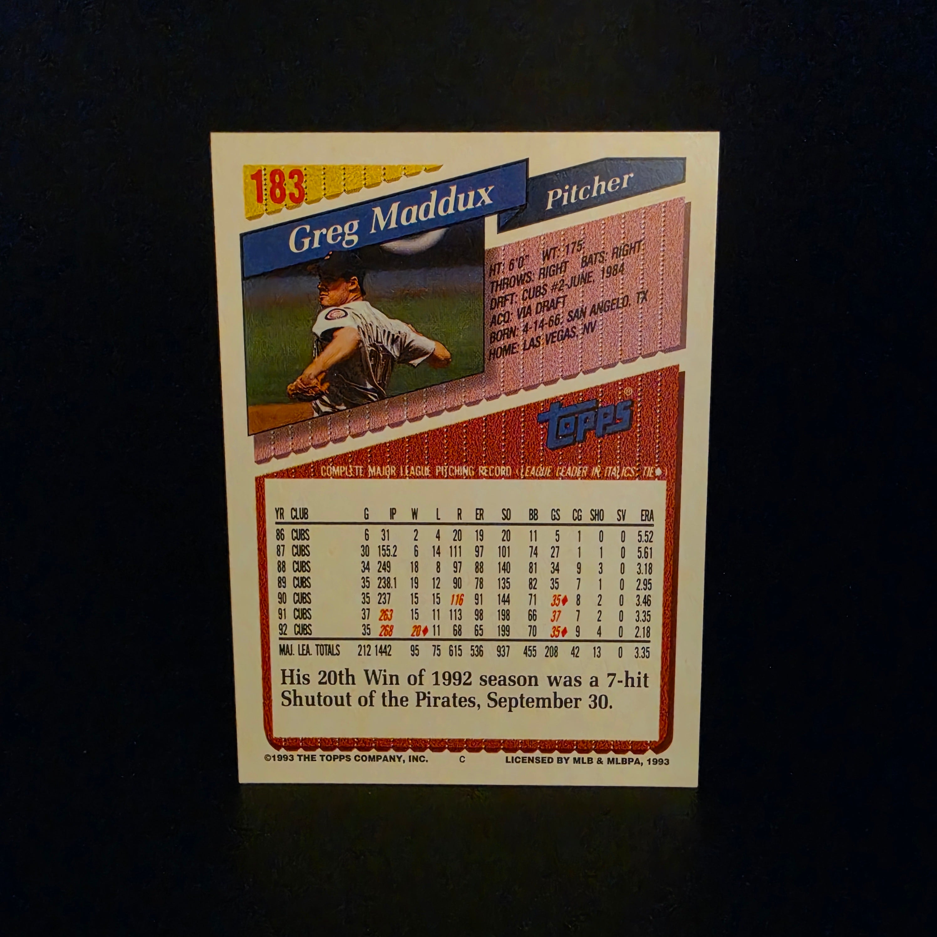 GREG MADDUX 1993 TOPPS BASEBALL CARD # 183