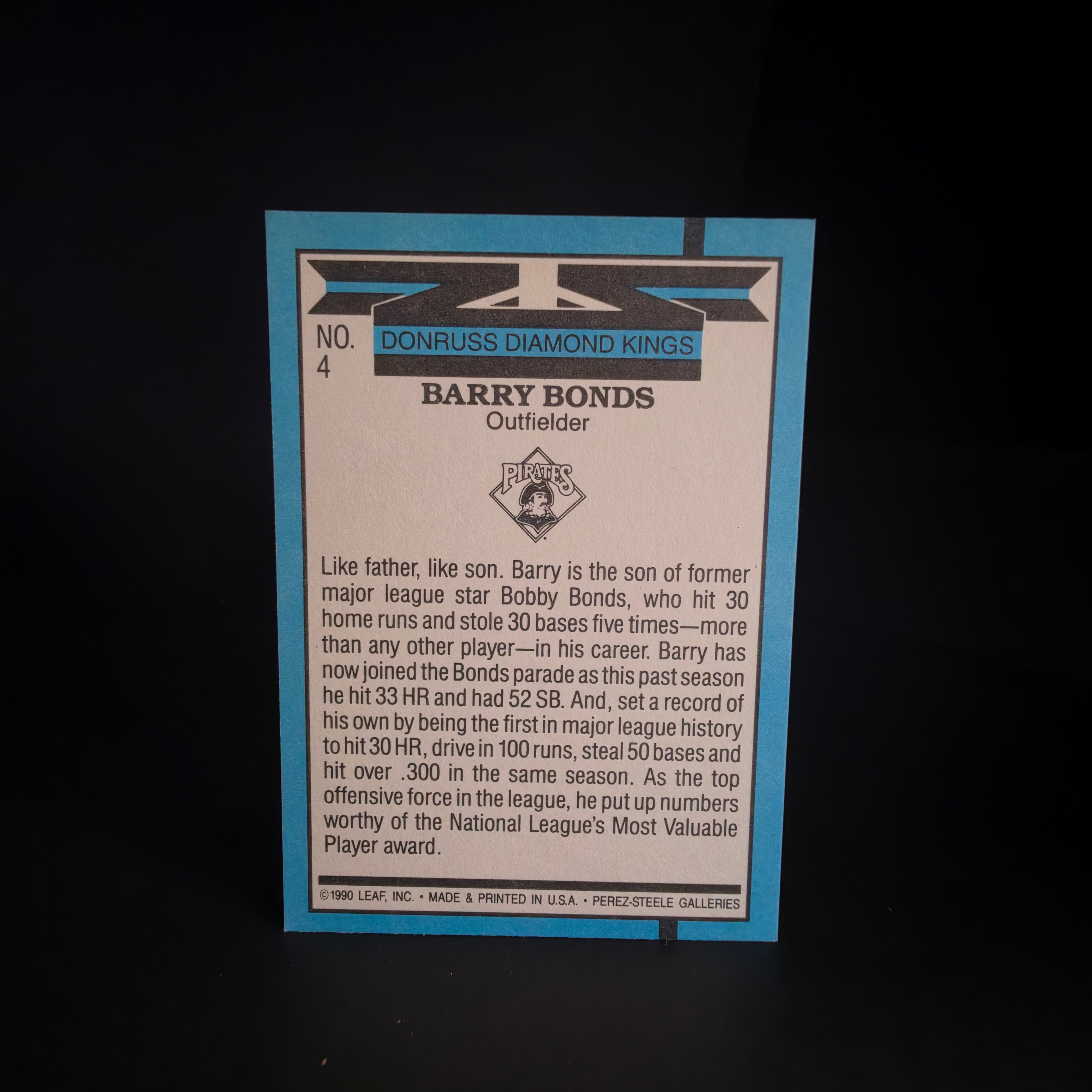 Barry Bonds 1991 Donruss Diamond Kings #4, Pittsburgh Pirates, SF Giants