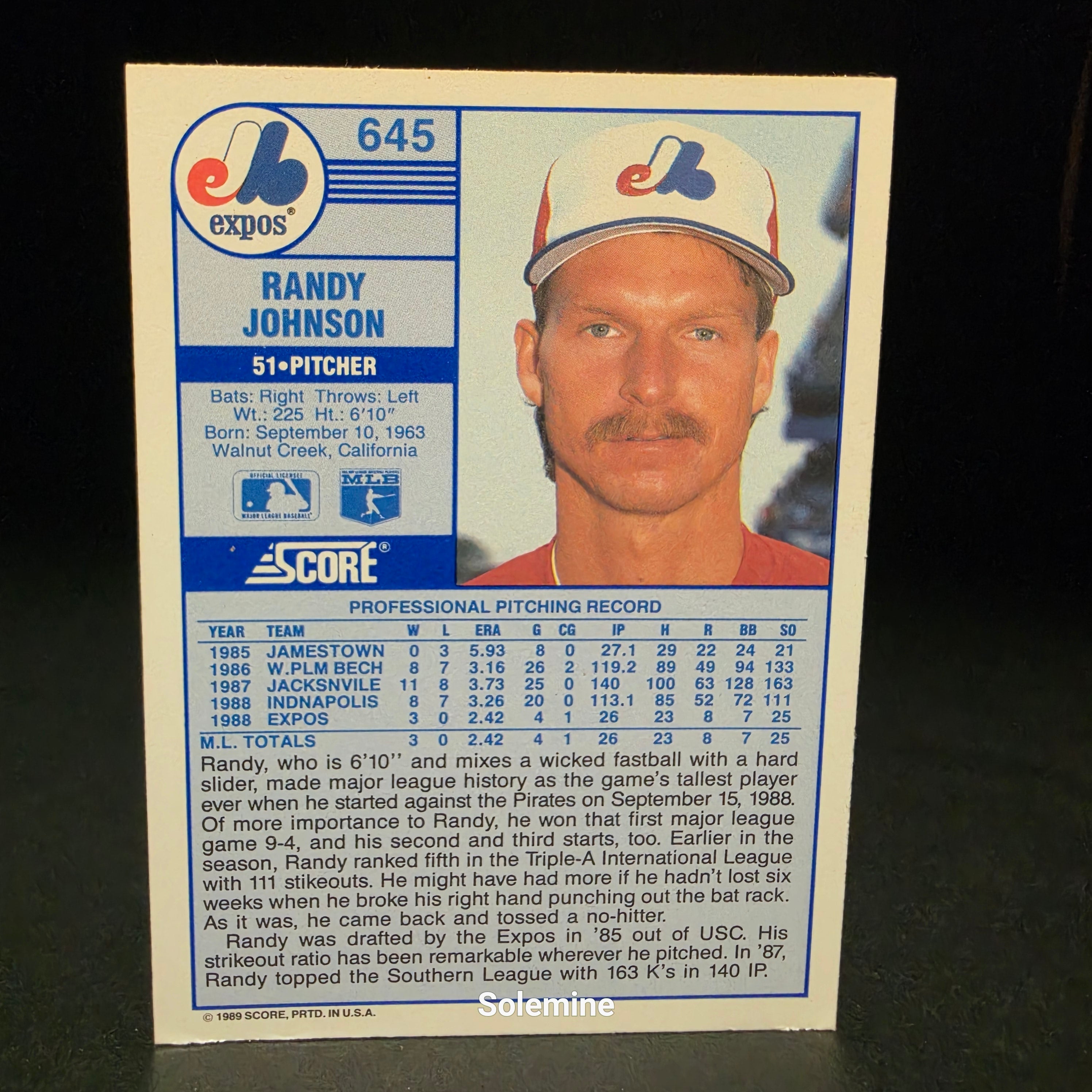 1989 Score Randy Johnson Montreal Expos #645 Baseball Card
